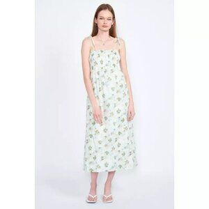 EMORY PARK Elowen Summer Midi Dress Green Spaghetti Straps Pockets Lined Size M